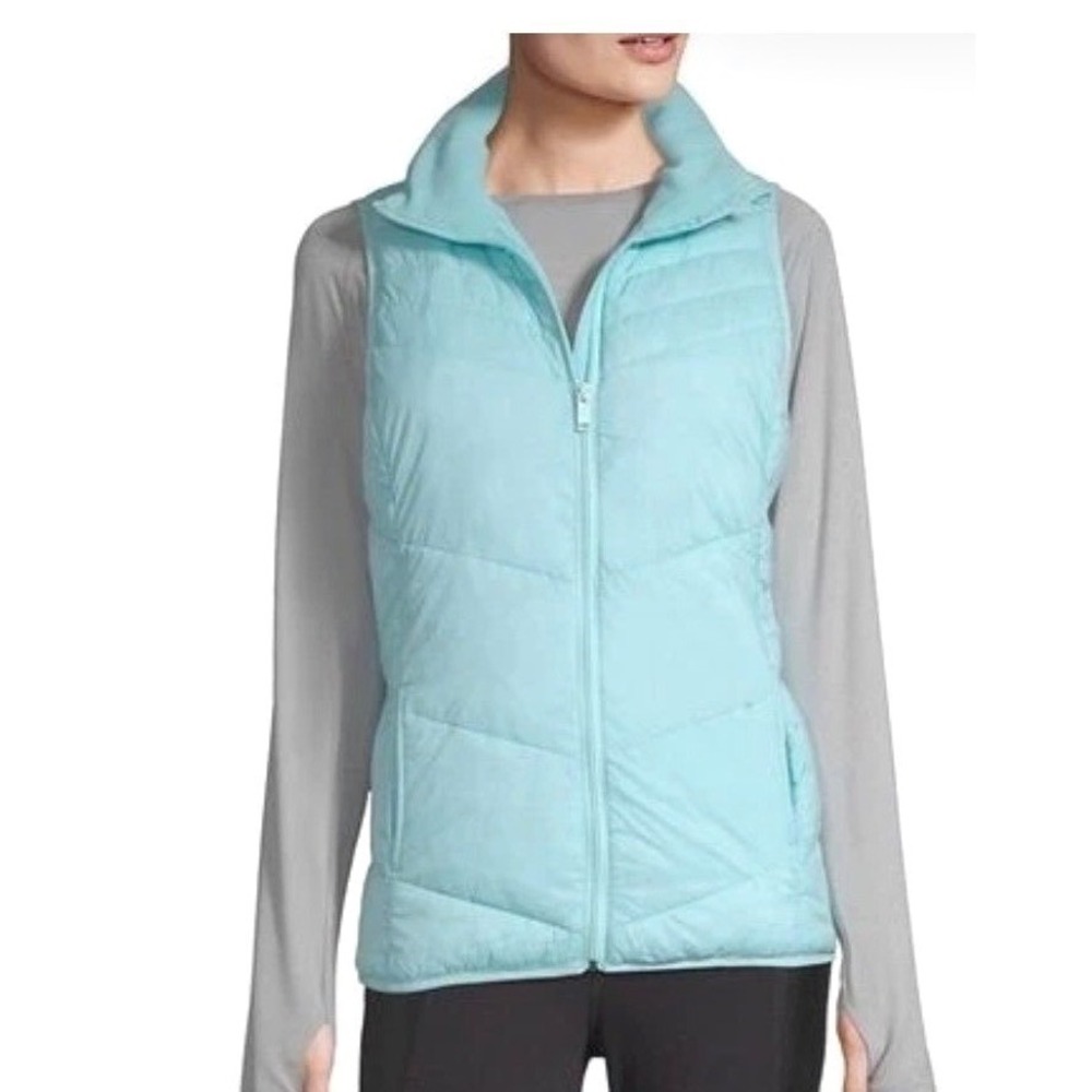Xersion Womens Packable Puffer Vest XL Aqua Blue Full Zip Fleece Lined Collar